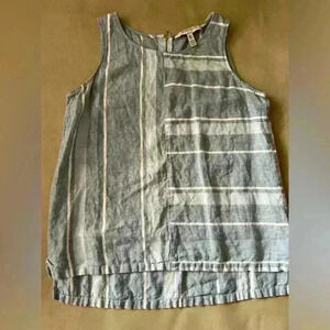 Ellen Tracy Blouse Womens Large Blue White Striped Linen L